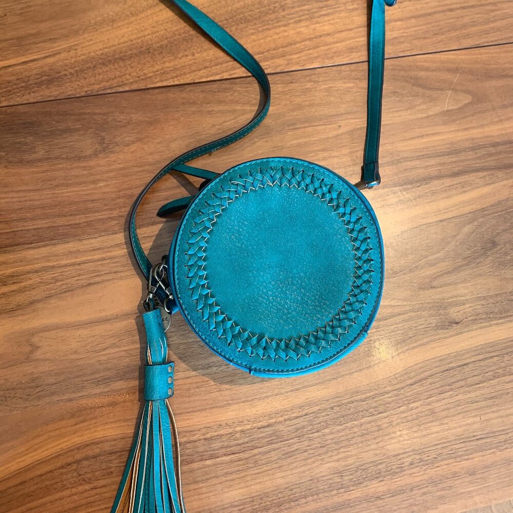 Ampere purse, cross body, mini, holds iphone, round, vegan leather, turquoise